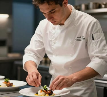 A high-end restaurant chef in a white uniform carefully plating a dish in a modern North American / Quebecois kitchen in Montreal, focused and professional atmosphere, warm natural lighting, hints of Slate Blue in the background decor.