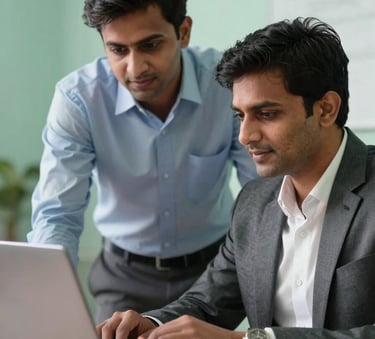 Two business professionals in a South Asian / Bangladeshi workspace collaborating over a laptop, showing engagement and trust, with soft mint green accents in the background.