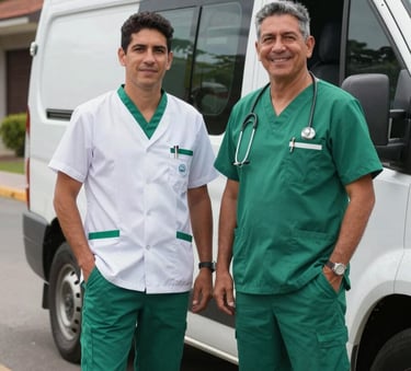 Two professional South American / Argentinian staff members in smart green and white medical uniforms standing by the side of a modern white transport vehicle. Trustworthy and friendly expressions, daylight, suburban Argentinian street.