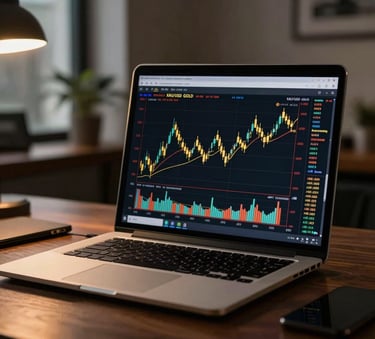 A close-up photograph of a sleek, high-end laptop display showing a detailed candlestick chart for XAU/USD gold trading. The scene is set in a dimly lit, modern home office in a South Asian city, with the warm golden glow of the screen reflecting off a dark wooden desk. Professional and authoritative atmosphere.