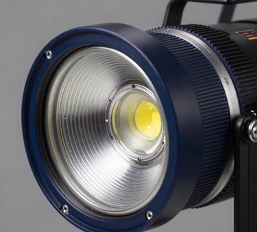 Detailed close-up of a high-power LED light engine used for professional film and television lighting, highlighting the intricate technology and high-tech craftsmanship, navy blue and metallic tones, professional studio photography.