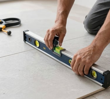 A close-up high-angle shot of a professional installer's hands using a precision leveling system to lay large-format light grey porcelain tiles. The setting is a bright, modern North American home with clean lines and professional tools visible.