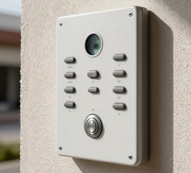 A clean, modern intercom system panel mounted on a textured wall of a contemporary South American building, bright natural lighting, professional photography.