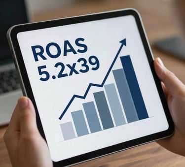 Close-up of a tablet held by a professional, displaying a graph with a steep upward trend and a large text overlay saying 'ROAS 5.2x', sharp focus, professional color palette including #B0BACF and #0A111F, confident mood.