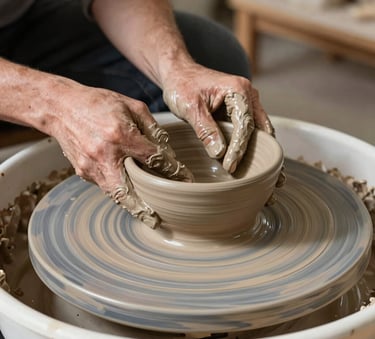 A close-up photograph of a potter's hands skillfully shaping a wet terracotta clay bowl on a spinning potter's wheel in a sun-drenched North American craft studio.