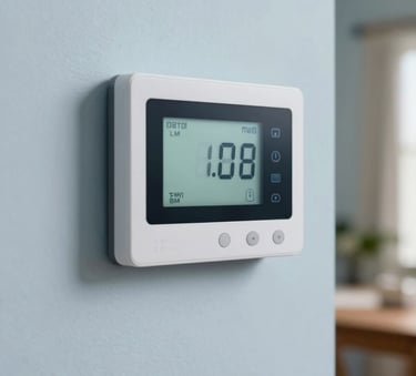 A close-up shot of a modern digital smart thermostat mounted on a clean, light blue wall in a Florida residence. Soft indoor lighting, North American / US home style.