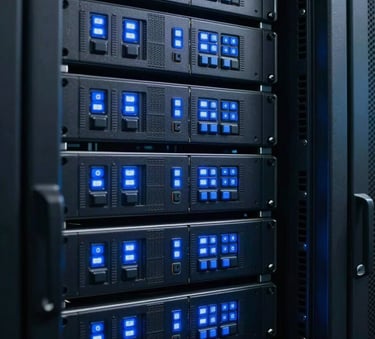 A close-up photograph of high-tech server hardware inside a data center, featuring glowing blue indicators and dark charcoal racks, conveying innovation and sophisticated infrastructure.
