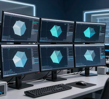 A modern technical workspace with multiple monitors displaying geometric 3D engineering models. The room features dark navy blue walls and light grey technical equipment with electric blue accent lighting.