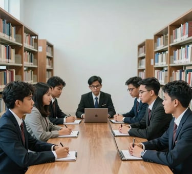 A group of Southeast Asian / Indonesian young adults in professional attire sitting around a large wooden table in a brightly lit library, soft sky blue and pale mist white interior.