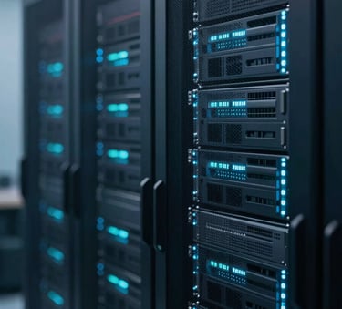 A close-up of a high-tech data server room with subtle teal and blue LED lighting, representing high performance and information security, in a clean and modern style using #0A2239 and #2B6777 tones.