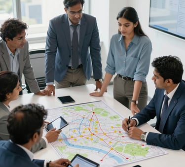 A high-angle professional photograph of a meeting room in a modern office in India. South Asian / Indian logistics experts in business attire are gathered around a table with a large map and digital tablets, discussing transportation routes. The lighting is bright and airy, using a palette of white and light blue.