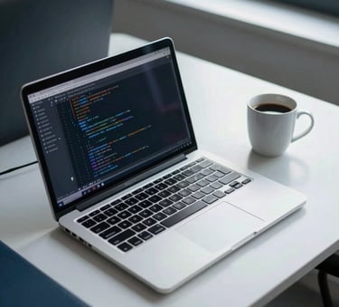 A high-angle professional photograph of a software engineer's desk in a North American corporate office, featuring a sleek laptop showing lines of code, a coffee mug, and soft morning light filtering through a window, with Sky Blue and Dark Navy tones in the room.