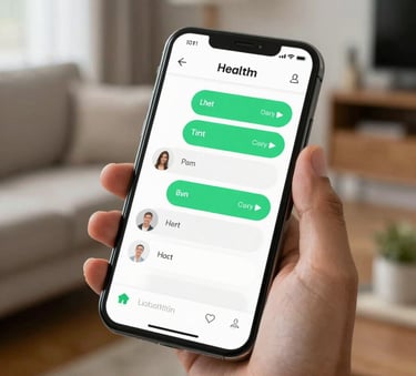 A sleek, digital-native health application interface shown on a smartphone held by a patient in a bright South American living room, focusing on a clean white and vibrant green chat dashboard.
