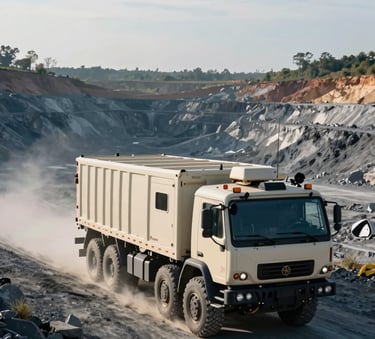 A high-security tactical escort vehicle leading a heavy transport convoy through a vast open-pit mining landscape, photography at sunrise, professional and authoritative tone, global professional setting, palette includes dark blue and off white.