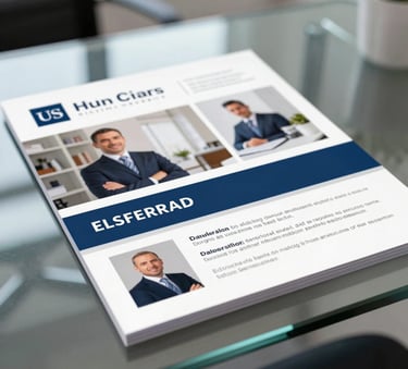 Close-up of a high-quality professional marketing flyer resting on a glass table in a modern US real estate office, with sharp focus and professional steel blue accents.