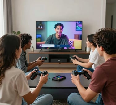A group of diverse friends in a modern North American apartment, smiling and interacting while playing a cooperative video game on a large screen, creating a sense of connection.