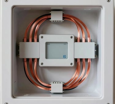 Macro photography of a modern smart home control panel with perfectly bundled and organized copper wiring. The interior is clean and professional. North American / US (Florida) domestic setting, high-detail engineering style.