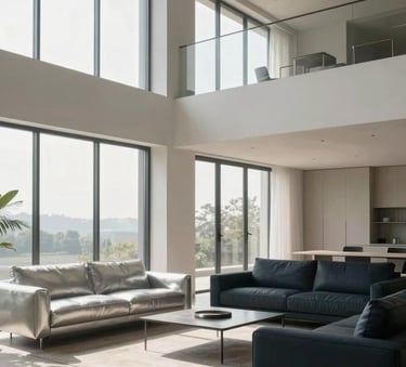 A wide-angle interior shot of a minimalist living space, featuring high ceilings, large windows, and clean lines. The furniture is in pale silver and deep slate tones, illuminated by soft, natural morning light.