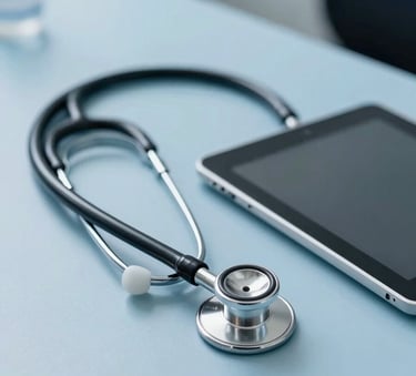 A modern medical setup in a North American doctor's office, showing a stethoscope and a digital tablet on a clean, light sky blue desk. The style is sharp, professional, and clinical.