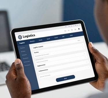 A close-up of a professional tablet screen showing a logistics tracking interface, held by a person in a professional West African / Ghanaian office setting, blurred background of soft sky blue and navy blue office decor.