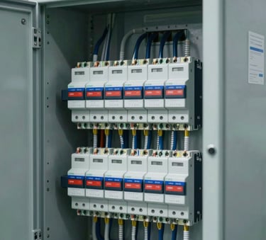 A professionally installed Main Distribution Board (MDB) in an industrial setting. The image is clean and well-lit, showing organized wiring and high-quality components from international brands. Color palette highlights #0B1A2A and #2E5D8B for a technical feel.