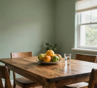 Photography of a clean and organized South American dining room. A wooden table with fresh fruit and a glass of water. Muted sage green walls and bright natural light coming through a window.