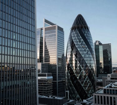 A high-angle architectural shot of modern glass skyscrapers in the City of London, reflecting a clear blue sky, in a sophisticated grey-blue and navy palette.
