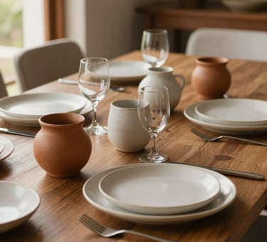 Detailed photography of a beautifully set dining table in a sunlit South American / Brazilian home, featuring minimalist ceramics in almond and soft off-white. The scene is refined, warm, and inviting.