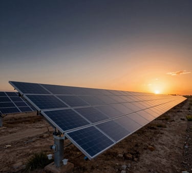 Wide-angle photography of a large-scale solar farm installation in a Spanish rural landscape, sunset lighting reflecting off the glass panels, emphasizing technical precision and authority, deep navy and orange sky tones.
