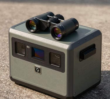 A sleek, industrial-style product photograph of a modern portable power station and high-performance binoculars on a textured surface, showcasing metallic accents and rugged Mist-colored casing.