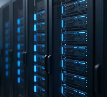 A close-up of a glowing server rack in a dark data center, emphasizing modern enterprise IT infrastructure. Dark theme, blue and cyan accents (#0F1C2E, #00BCD4). Highly technical and secure mood.