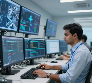 A sleek network operations center with multiple digital displays showing security data. In the foreground, a professional South Asian IT expert is focused on a workstation. The environment is professional and secure, featuring bright blue lighting and a clean, modern aesthetic.
