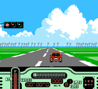 Retro 8-bit racing game screen featuring a red car on a highway with a tropical background.
