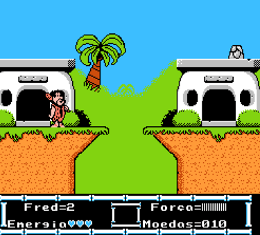 Fred Flintstone stands near stone houses in a retro 8-bit platformer video game level.