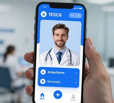 A close-up shot of a smartphone screen showing a professional medical consultation app interface, with a doctor's face visible on screen. The background is a clean, modern medical office. Mood is professional and efficient, using #1E5C6B and #EEF8F7 color tones.