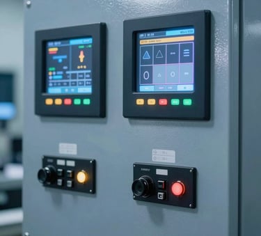 Clean, professional photograph of a sophisticated industrial automation control unit with digital displays and steel blue metallic casing, reflecting technical innovation.