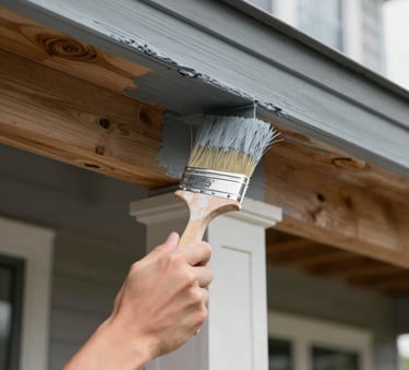 A close-up photograph of a professional house painter using a brush to apply a fresh coat of slate grey paint to the wooden trim of a modern North American home, bright daylight, sharp focus.
