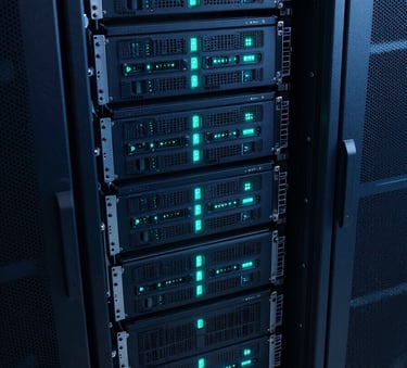 A high-angle shot of a sophisticated server room with deep midnight blue racks and glowing ocean teal indicators, representing high-speed data architecture and security.