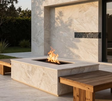 A high-end modern stone patio with a built-in fire pit and sleek timber seating, shot during the golden hour to emphasize the off-white stone textures and slate gray accents.