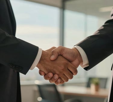 A close-up shot of two business professionals shaking hands in a modern South American / Brazilian office. The lighting is warm and natural, with soft sky blue and off-white office decor in the background, conveying trust and partnership.