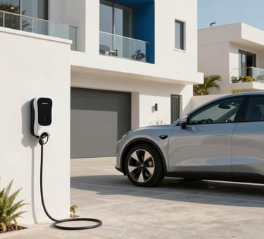 A luxury electric vehicle parked in a modern, sunlit driveway in a Global Hispanic residential area, connected to a sleek, wall-mounted charging station. The architecture is contemporary with pearl white and medium blue accents under a clear sky.