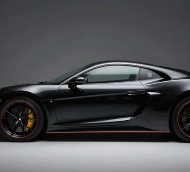 A side profile of a high-end black sports car in a minimalist studio, with metallic silver highlights and dramatic cinematic lighting on the curves, International / Global.