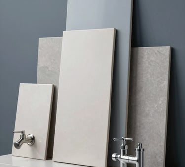 High-quality professional shot of ceramic finishing tiles and luxury plumbing fixtures in a modern display, clean studio lighting with #90A4AE and #546E7A color tones, conveying quality and precision.