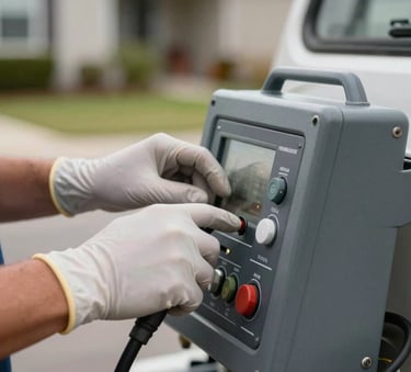 Close-up of a technician's hands in clean safety gloves operating a control panel on a professional septic service vehicle, North American residential setting with soft focus background.