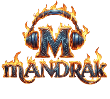 the logo of mandrak as capital letter M with headphones all on fire