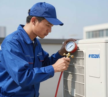 A professional technician in a blue uniform inspecting an outdoor AC compressor unit with a pressure gauge, clear bright daylight, focusing on efficient repair work, incorporating #1E528A brand colors.