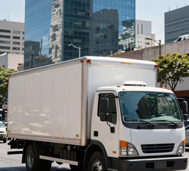 A wide angle shot of a clean, modern delivery truck parked in a South American urban business district, clear bright sky, professional photography, reflections of blue buildings on the truck surface.