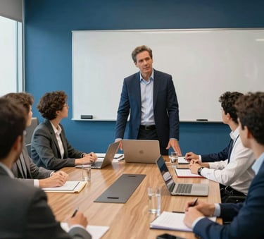 A professional in business attire leading a collaborative session in a modern Brazilian boardroom, medium blue accents in the decor, clean and intuitive workspace.