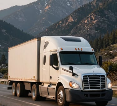 A powerful dry van semi-truck traveling through a scenic North American mountain pass at sunrise, captured from a low angle to show strength and efficiency, with off-white and dark navy colors.