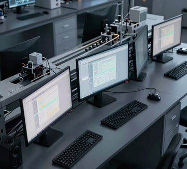 A high-angle, professional photograph of a modern tech laboratory with sleek dark slate grey workstations and glowing light grey monitors, representing technological advancement and precision.